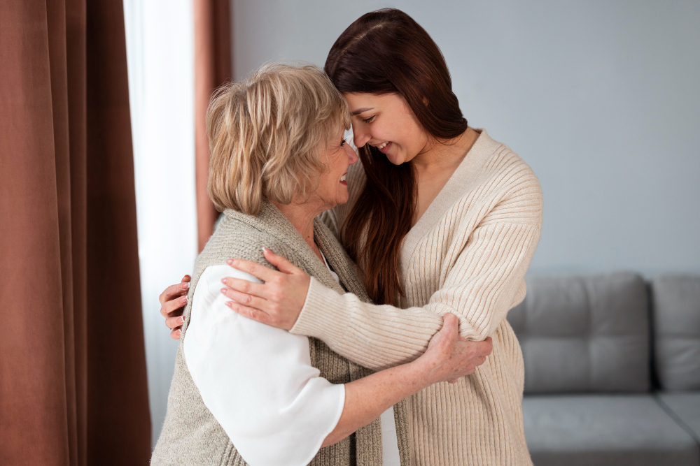 A caregiver and older adult smiling together